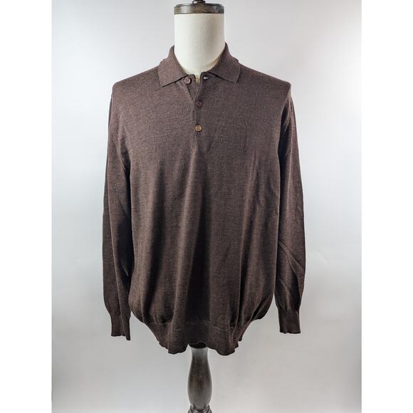 Ted Lapidus Mens L Sweater 100 Italian Wool Long Sleeve Brown Polo Couture Shirt - Picture 1 of 12